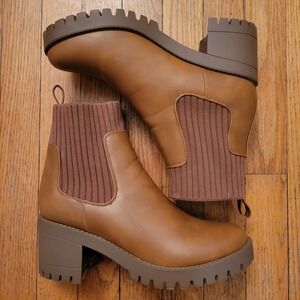 EETTARO Brown Faux Leather Chelsea Ankle Boots Chunky Lug Sole Block Heel 10W